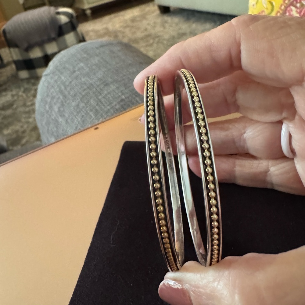 LAGOS 18k Gold and Sterling Silver Caviar Beaded Bangle Bracelets, Size Medium.